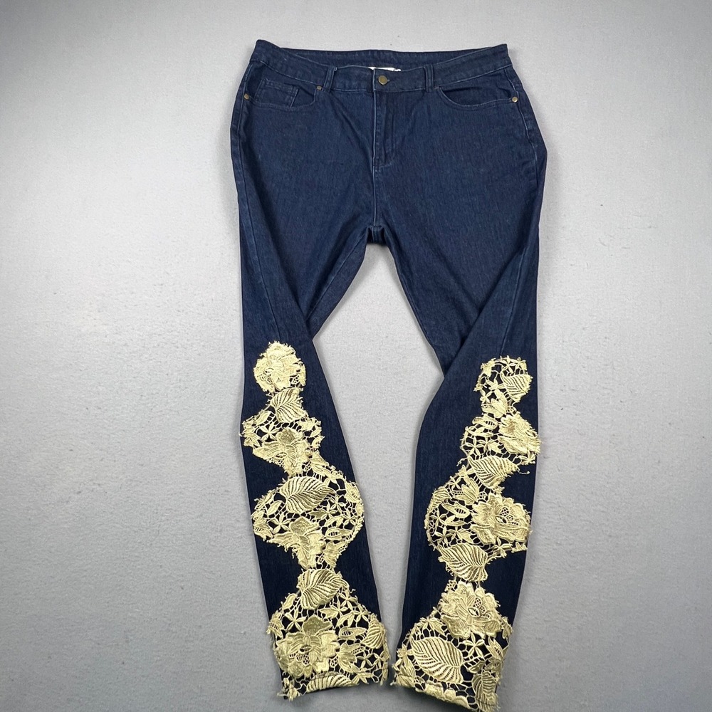 K. Jordan Lace Applique Jeans Womens 16 Blue Dark Wash Skinny Boho Denim Pants - Picture 13 of 13